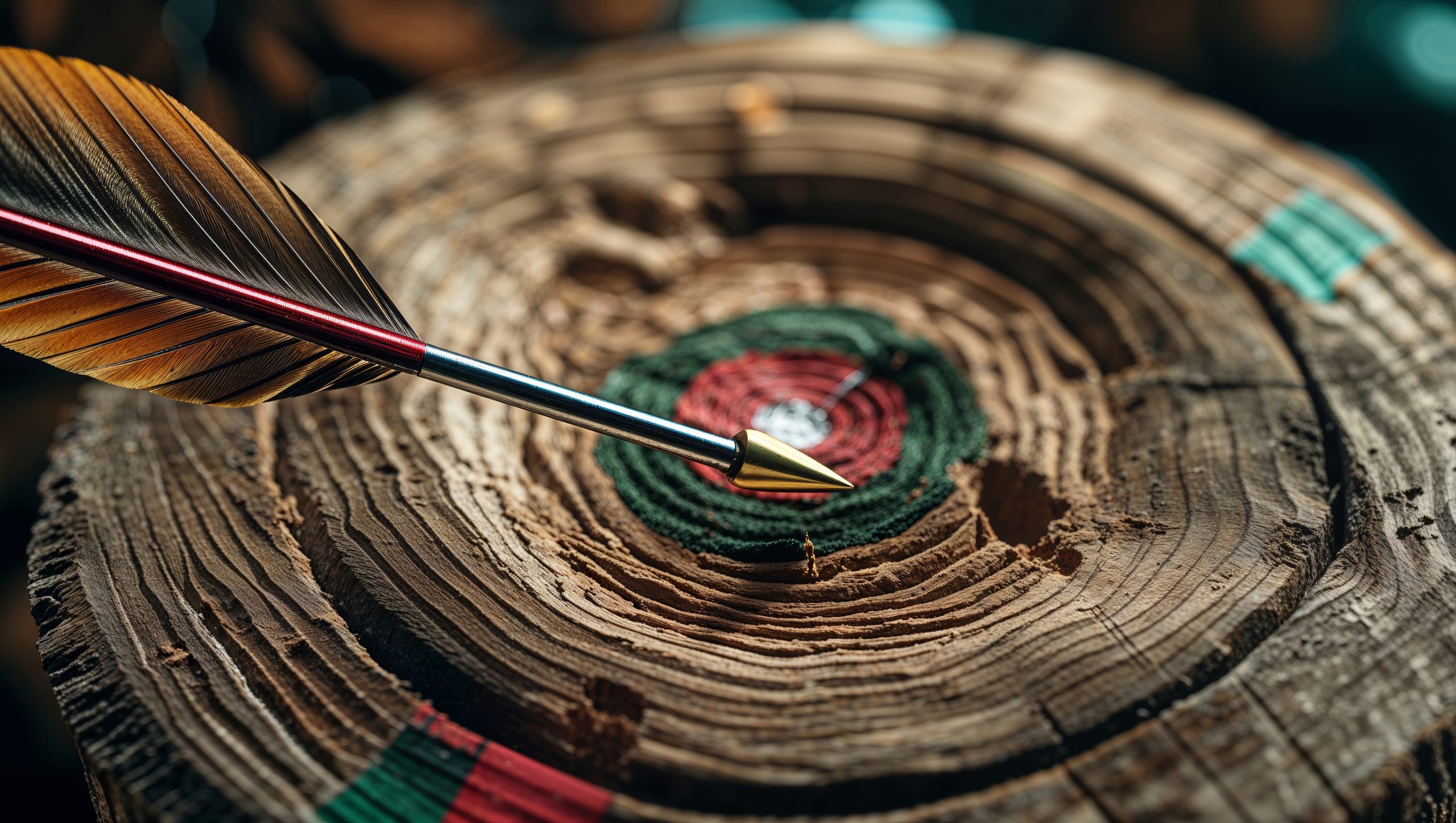 Archery target with arrow precisely hitting the bullseye at a quiet outdoor range during afternoon